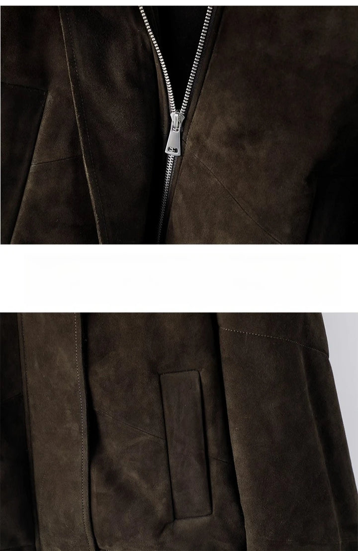 Olive suede zip-front coat with silver-tone zipper and stand collar