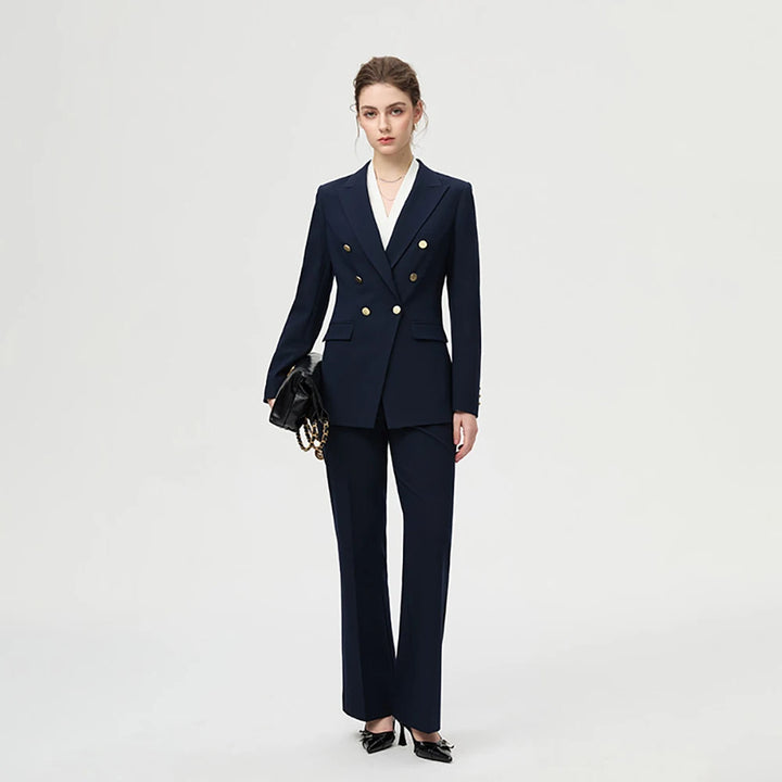 Navy two-piece blazer and trousers set with gold buttons and notch lapels