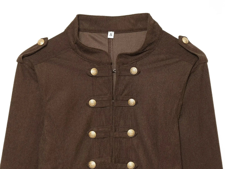 Brown cropped slim-fit coat with stand collar and double row of gold buttons