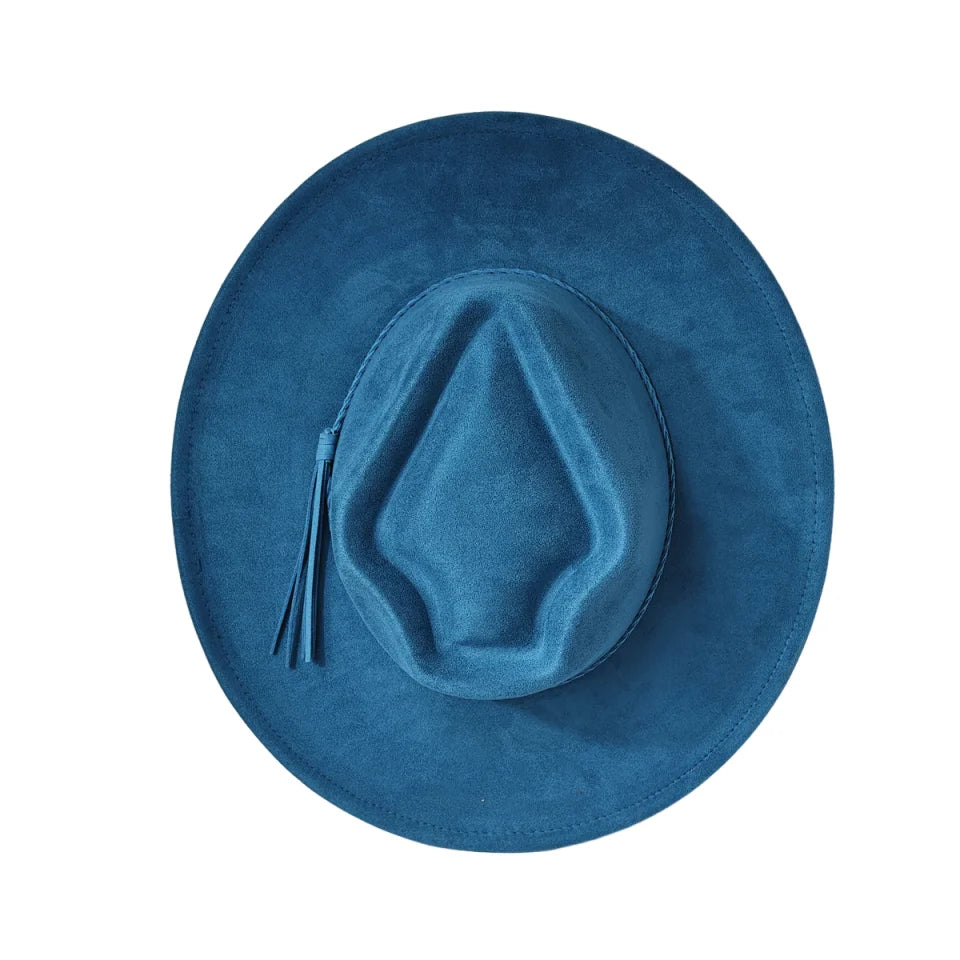 Blue suede women’s arrow top hat with raised crown panel and side tassels