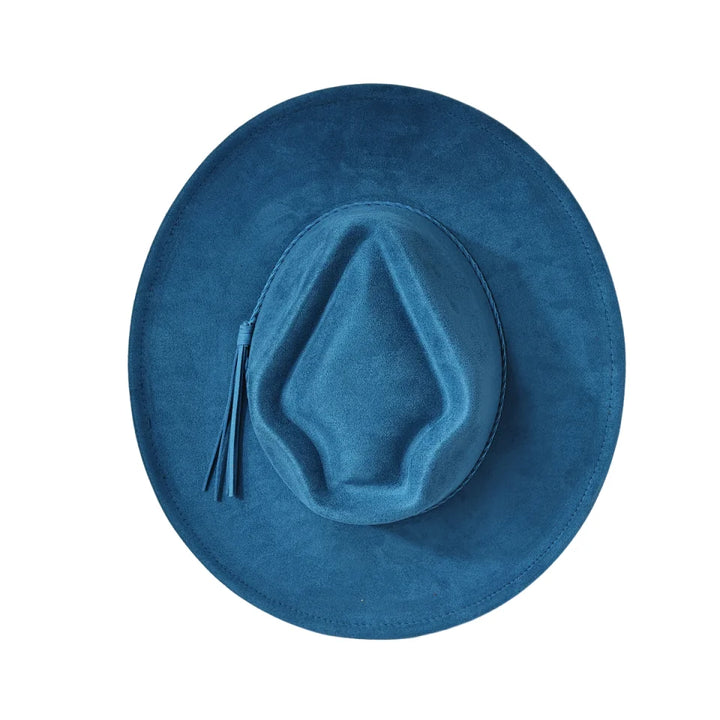 Blue suede women’s arrow top hat with raised crown panel and side tassels