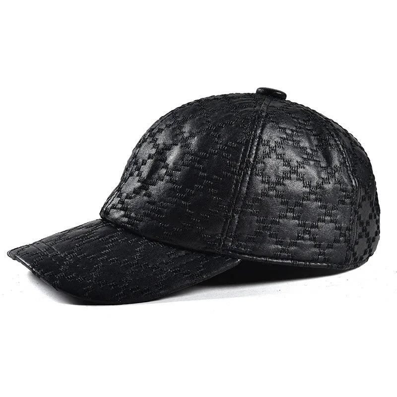 Black men’s cap with curved brim and textured patterned finish, side angle