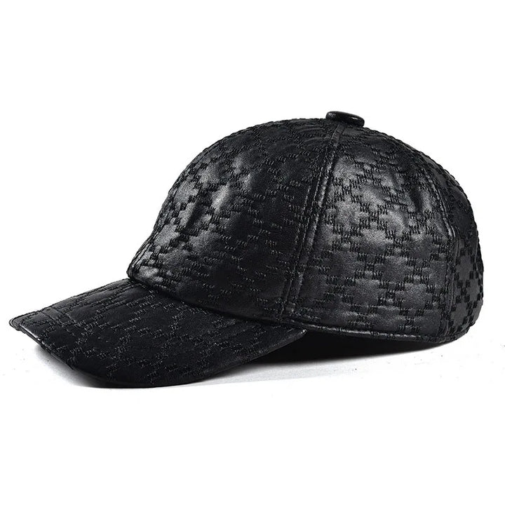 Black men’s cap with curved brim and textured patterned finish, side angle