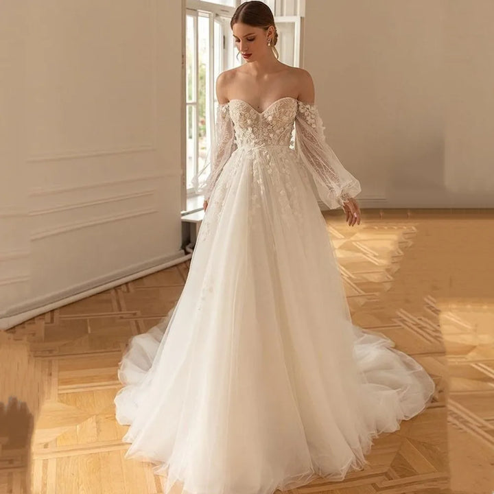 Modern Tulle Lantern Sleeve Wedding Dress