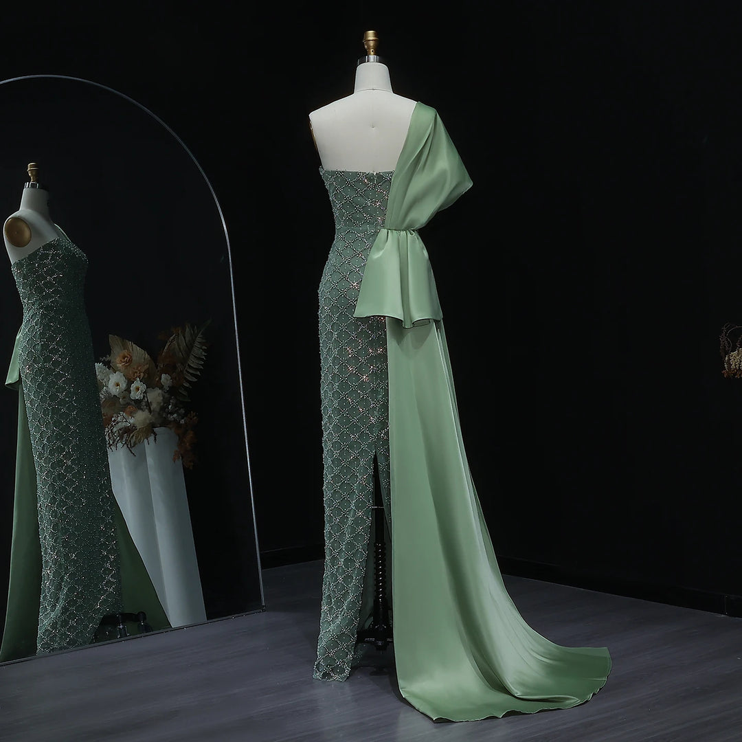 Luxury Green Beaded One Shoulder Evening Dress