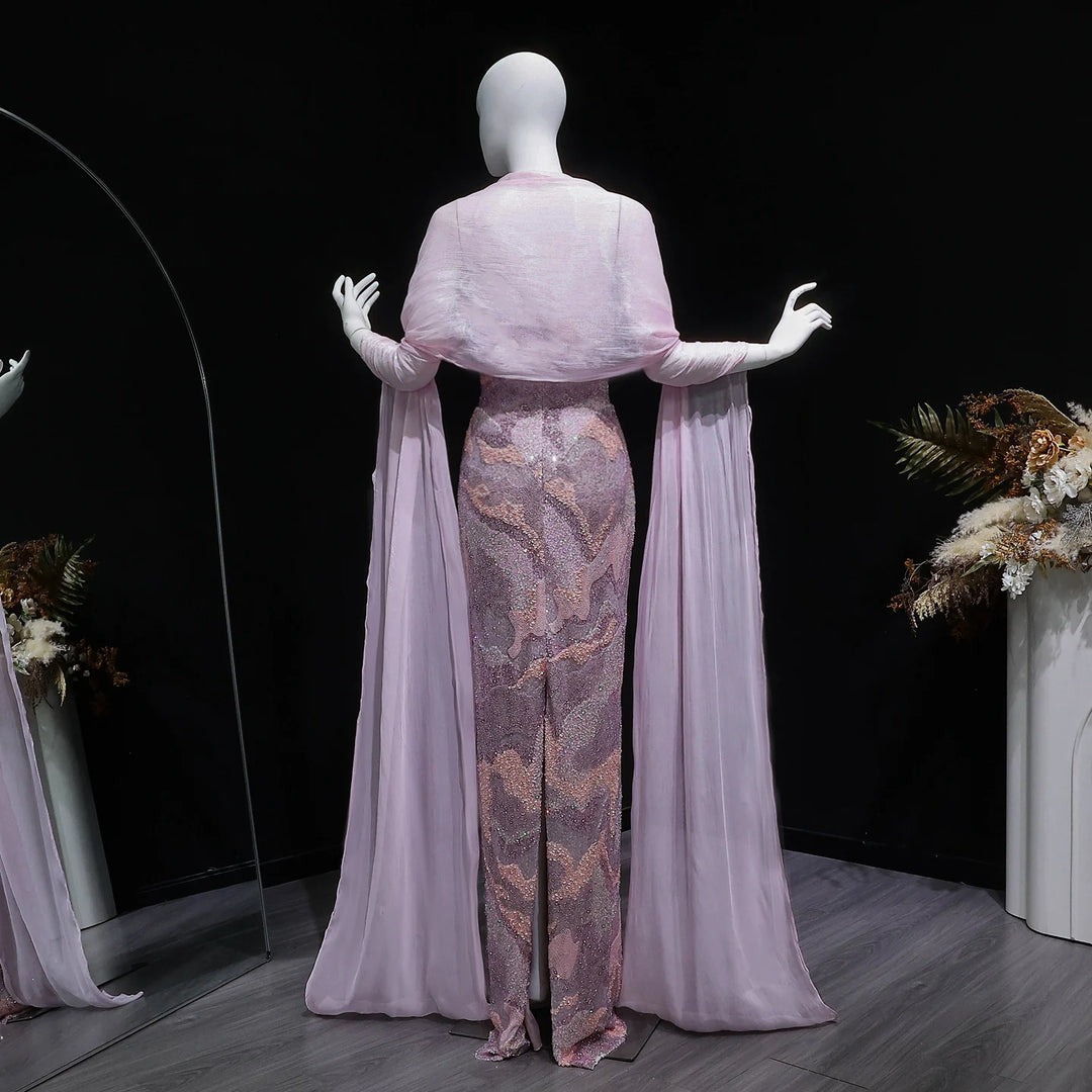 Resplendent Cape Sequined Arabic Party Gown