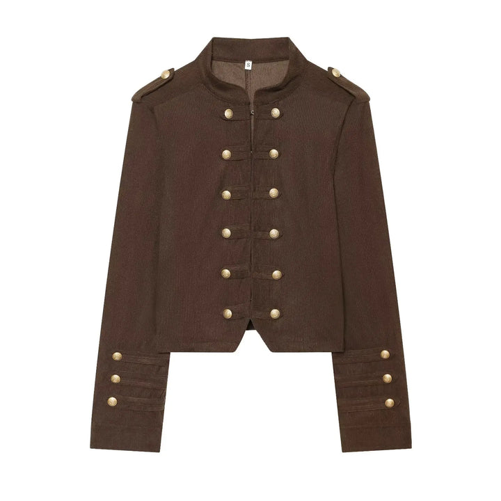 Cropped brown women’s slim-fit coat, front view, gold button placket and epaulet details