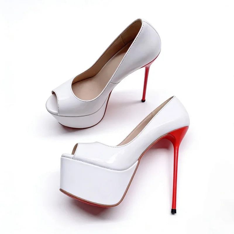 White peep-toe platform pumps with red stiletto heels
