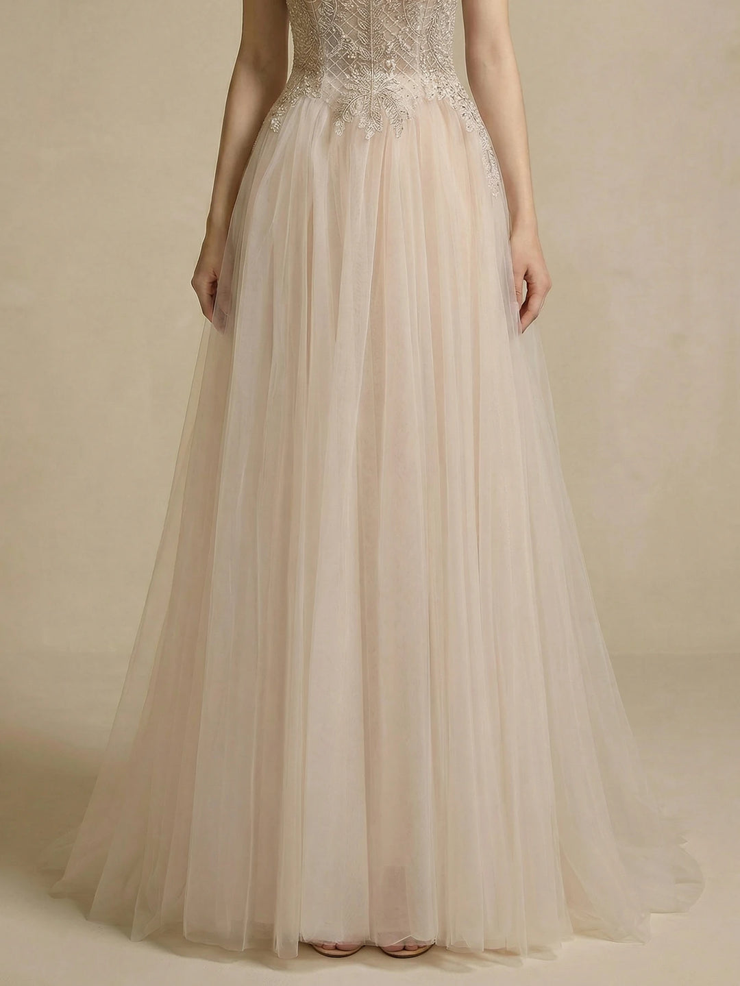 Ivory tulle A-line bridal skirt with layered mesh and subtle beaded waistband