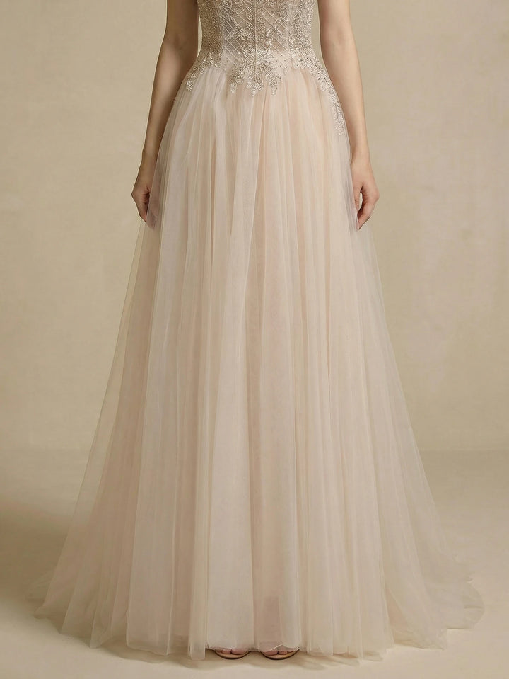 Ivory tulle A-line bridal skirt with layered mesh and subtle beaded waistband