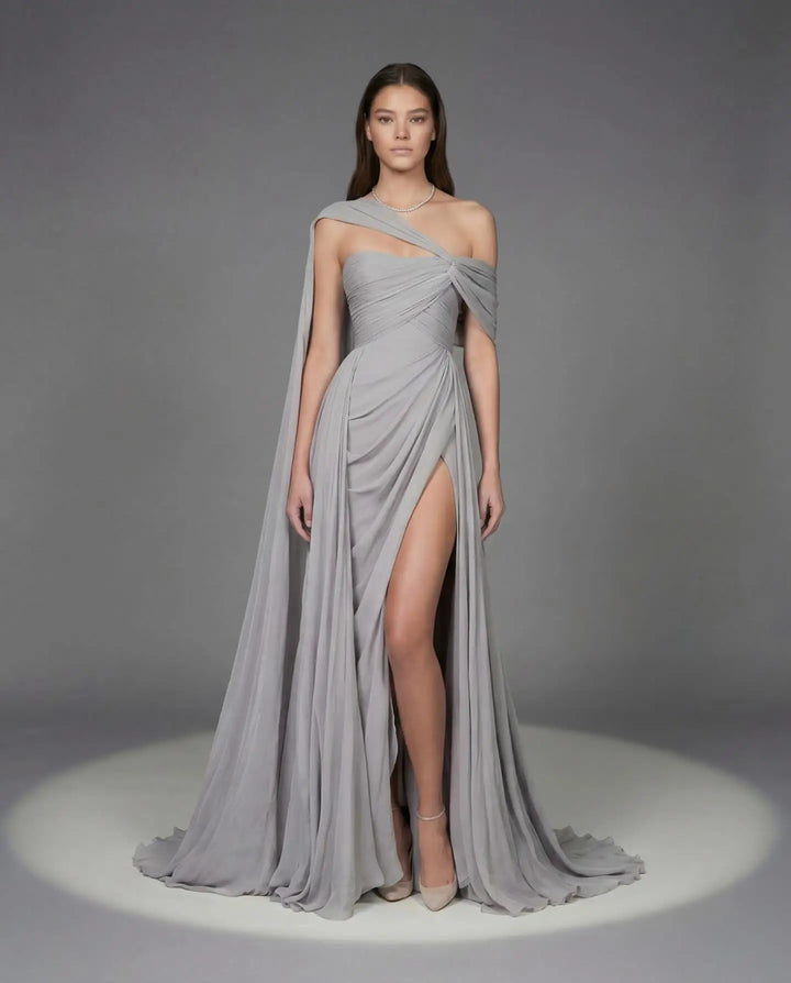 Elegant Draped High Split Evening Gown