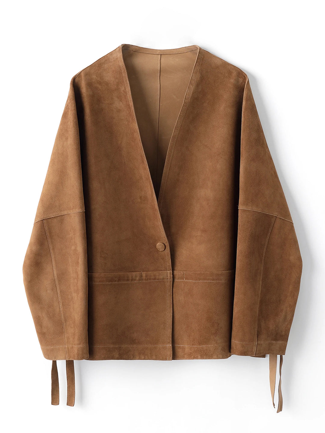 Camel brown suede women's jacket, back view with V-neck seam details