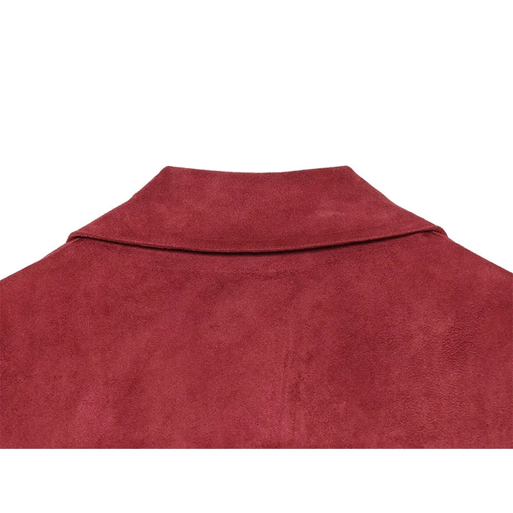 Red faux suede biker jacket collar with stitched seam detail and high neckline