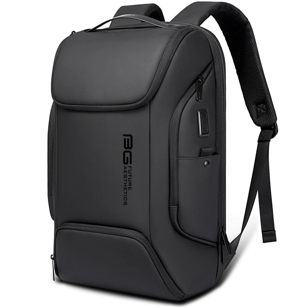 Black waterproof business backpack with top carry handle front logo and zip compartments