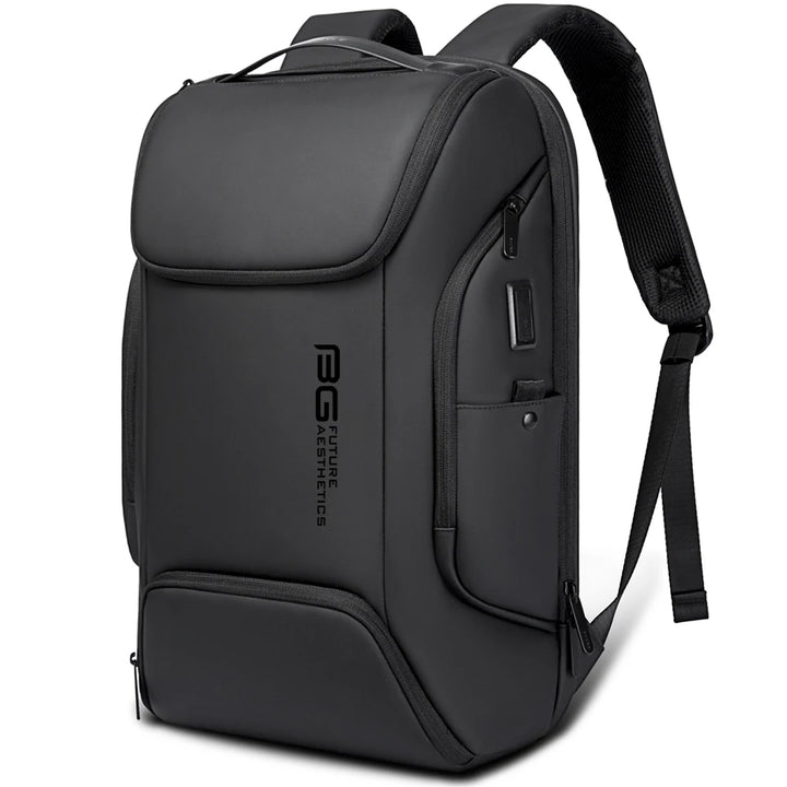 Black waterproof business backpack with top carry handle front logo and zip compartments