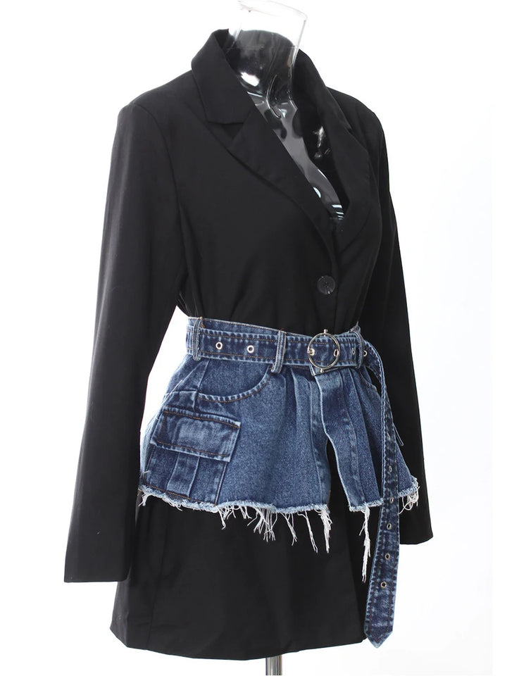 Black blazer-style jacket with blue denim spliced skirt panel and layered front buttons