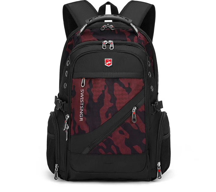 17-inch waterproof laptop backpack with black base and red camo front pocket