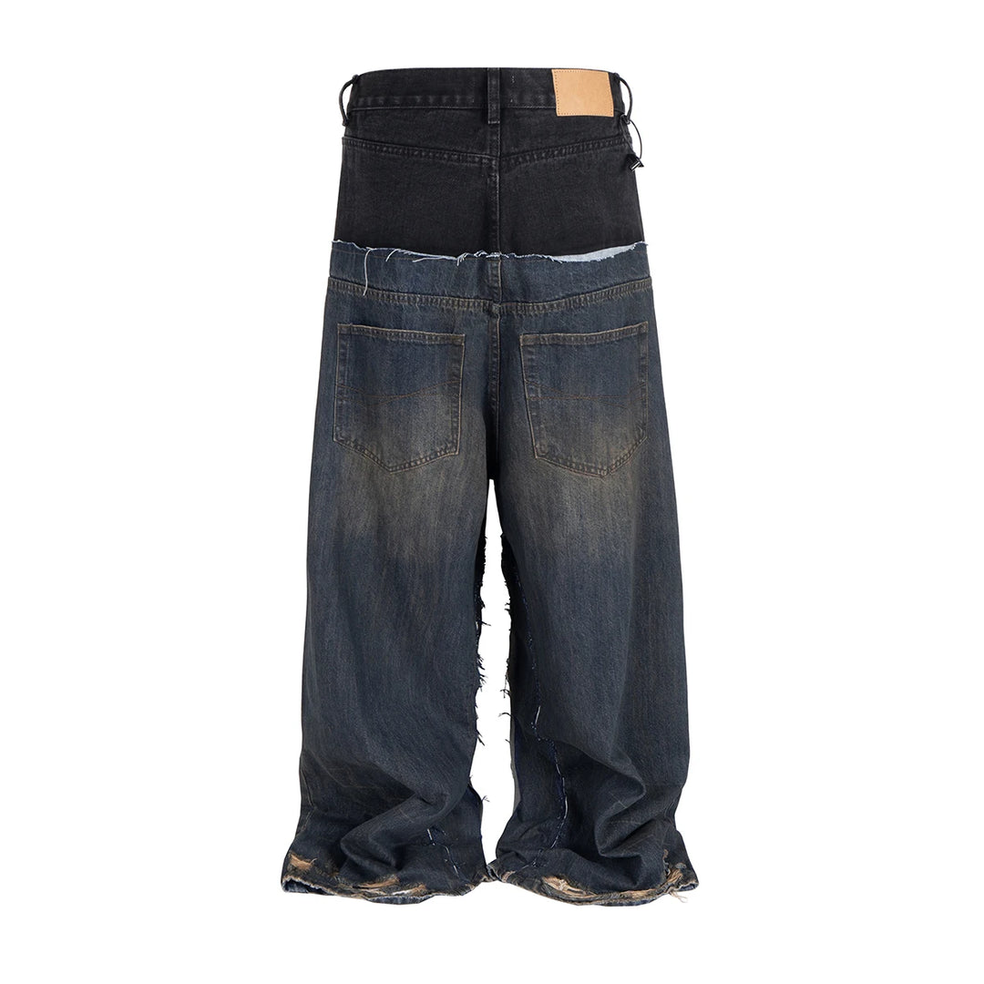 Fine Double Waist Denim Baggy Jeans Pants