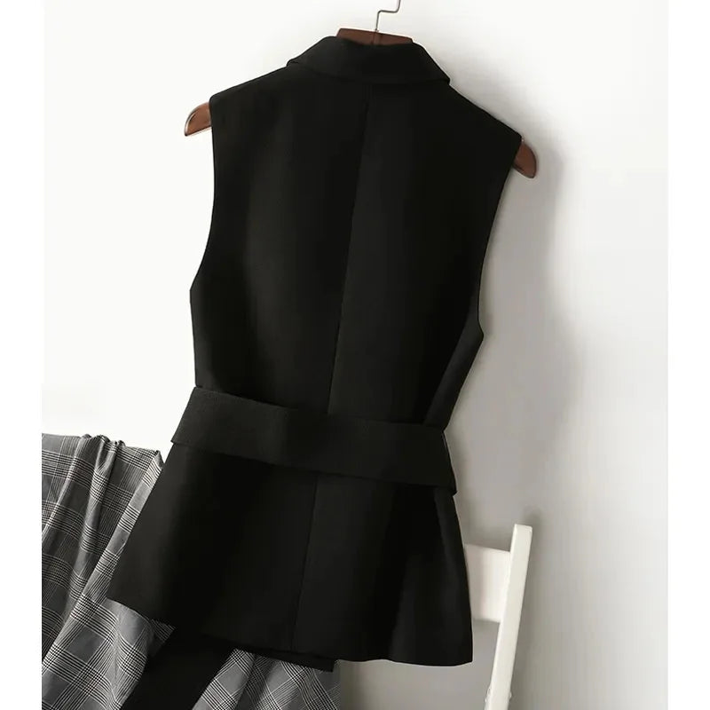 Black sleeveless blazer waistcoat with high back and attached waist belt