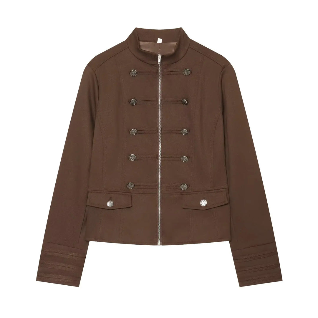 Brown high-neck cropped blazer with front zip, snap buttons, flap pockets