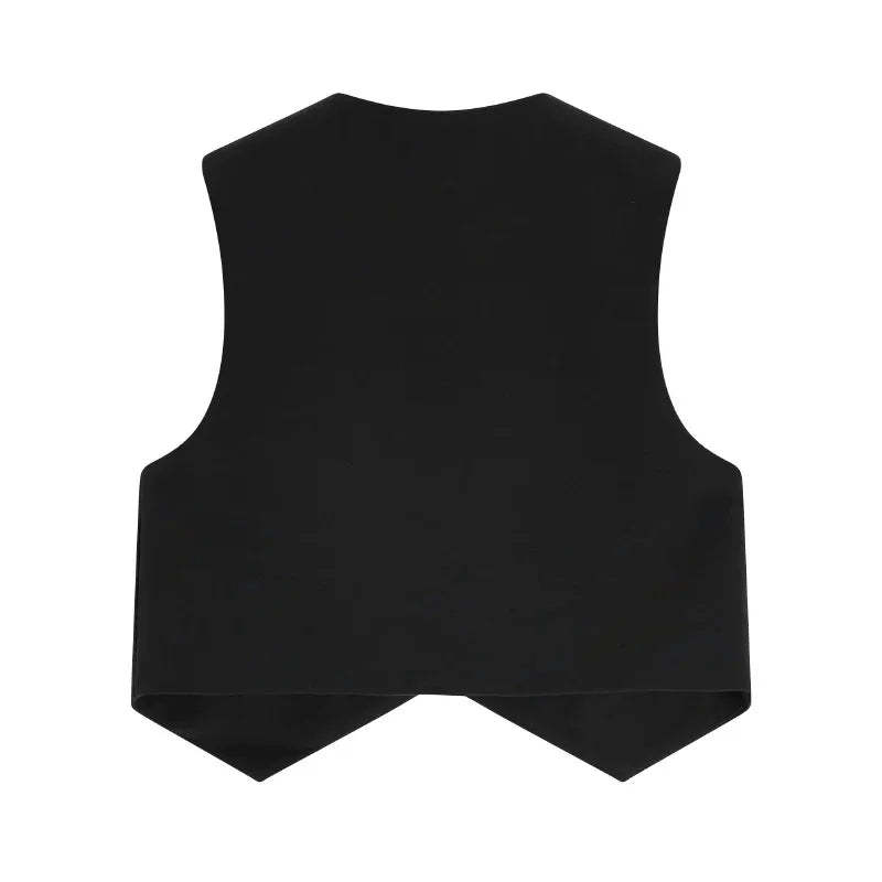 Black sleeveless tailored waistcoat with V-neck front and curved hem