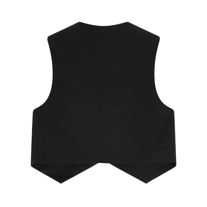 Black sleeveless tailored waistcoat with V-neck front and curved hem