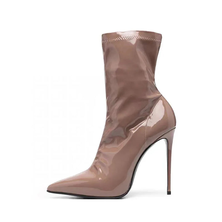 Brown patent leather ankle heel boots with pointed toe and slim stiletto heel