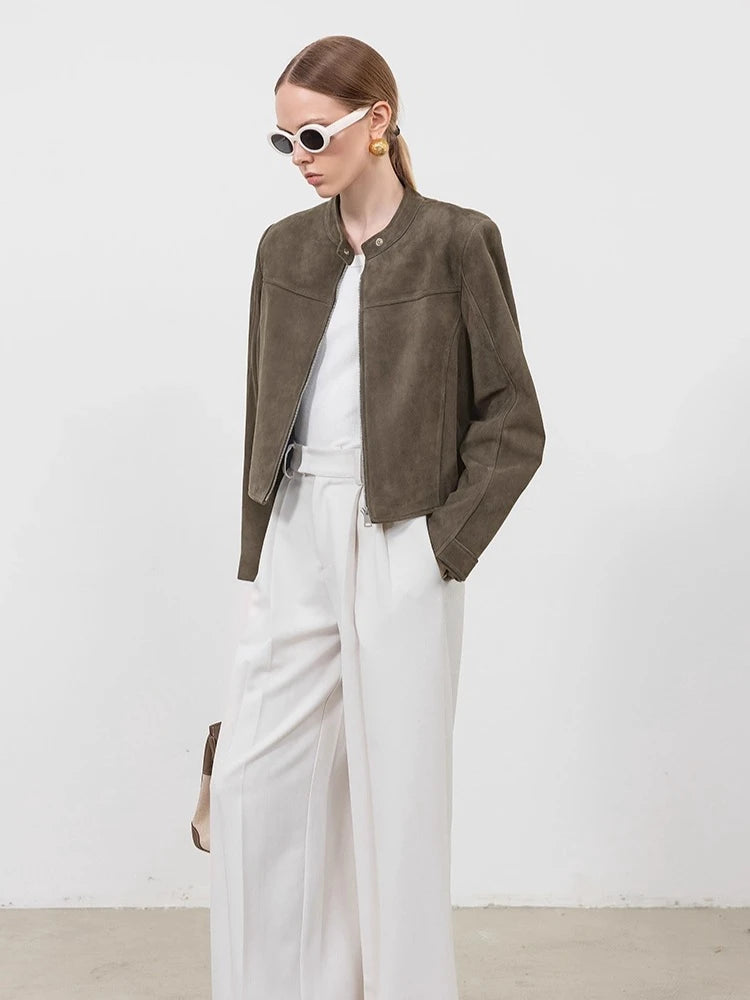 Gray-green suede cropped jacket with snap front and stand collar, front three-quarter view