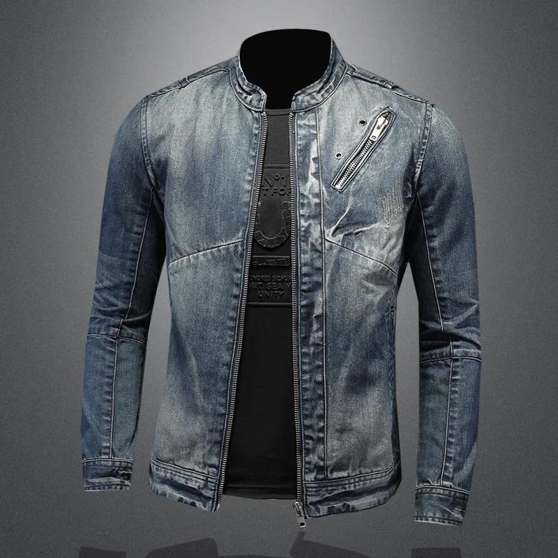 Men's light-wash denim jacket with full zipper front, stand collar, angled chest pocket