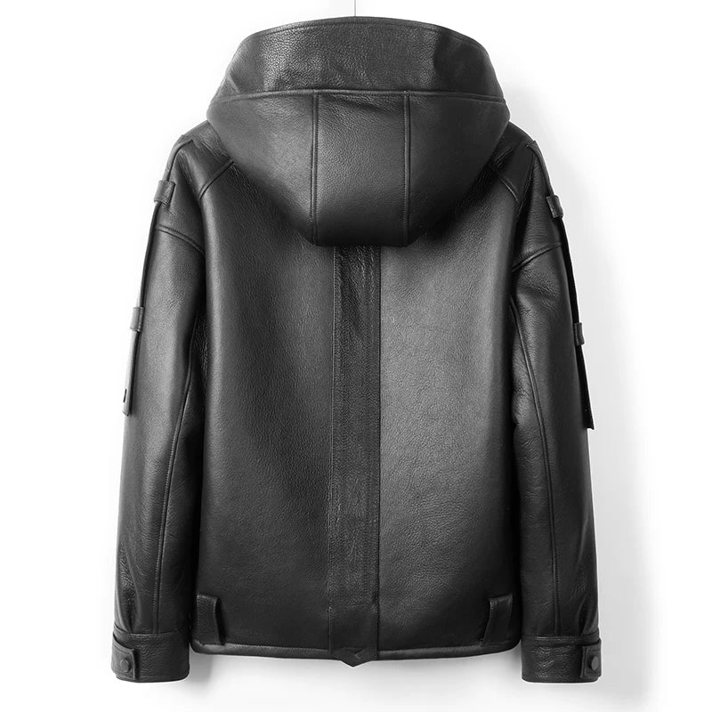 Real Natural Leather Hooded Jacket