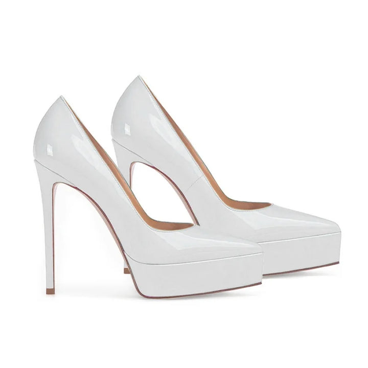 White patent leather pointed-toe pumps pair with stiletto heels