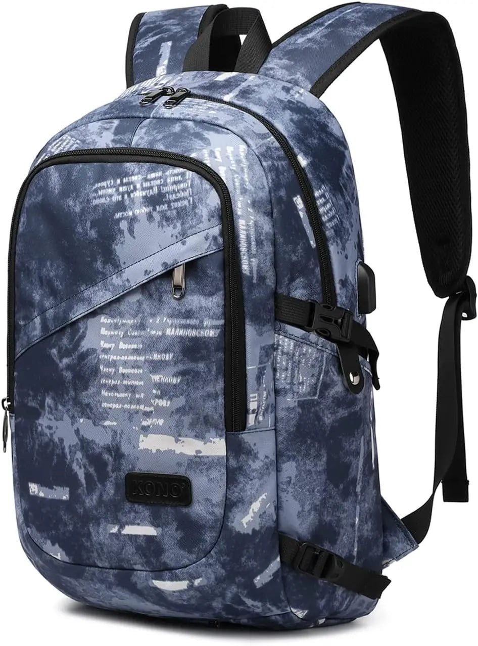 Blue patterned anti-theft laptop backpack with front zip pockets and adjustable straps
