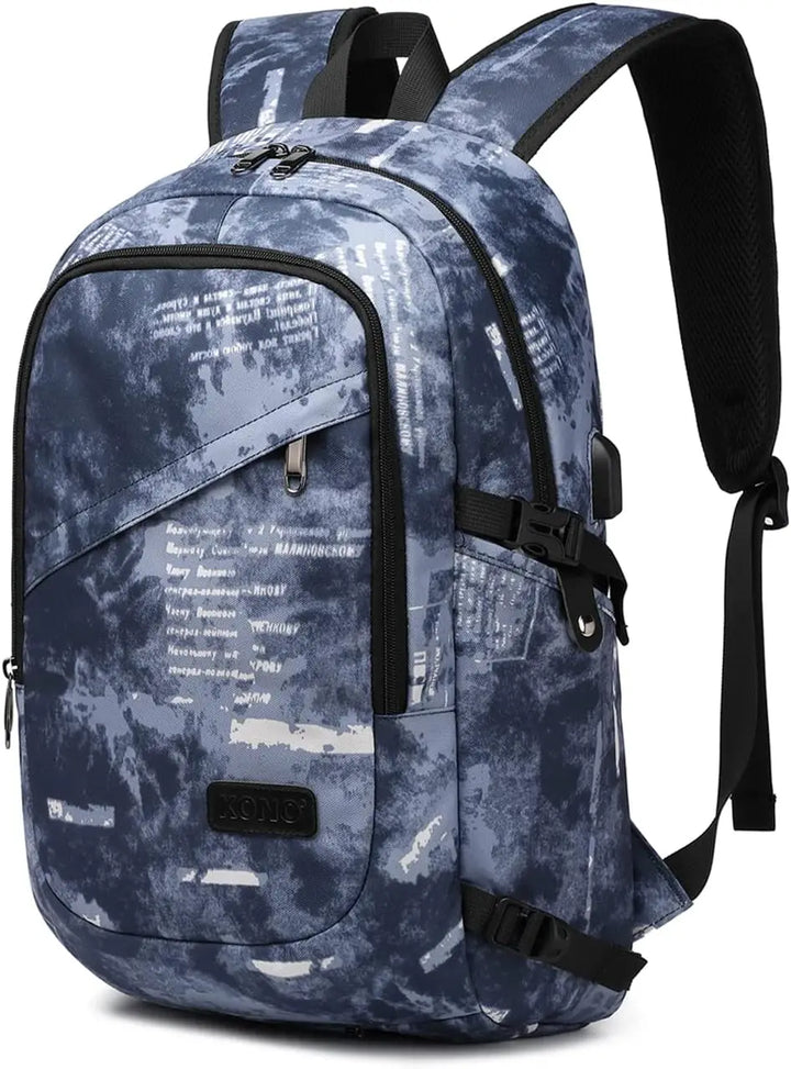 Blue patterned anti-theft laptop backpack with front zip pockets and adjustable straps