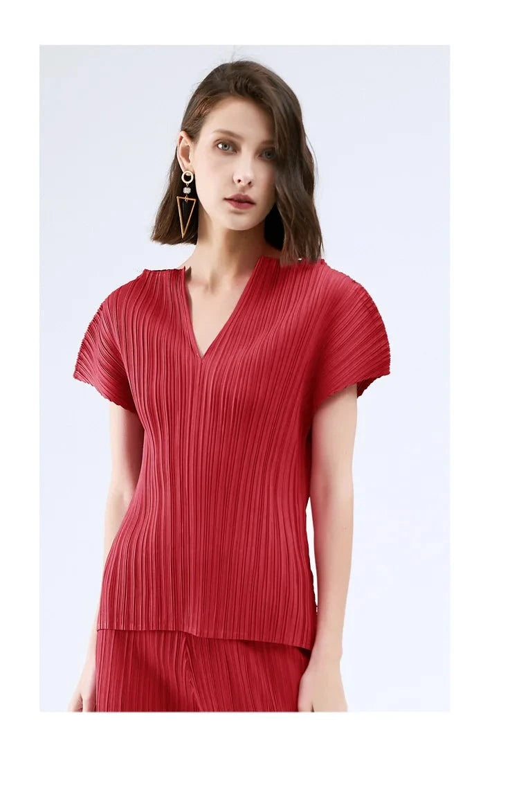 Small V-Neck Pleated Tops