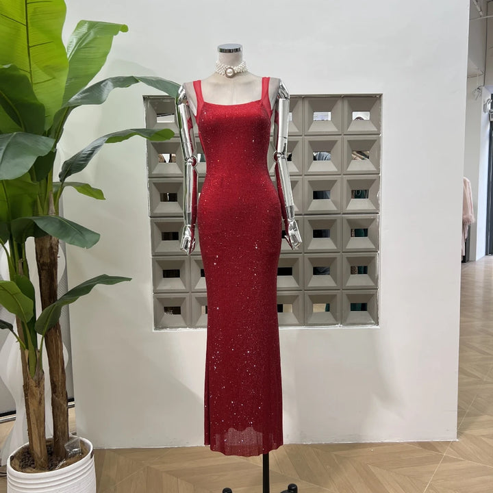 Elegant Full Rhinestones Backless Maxi Dress