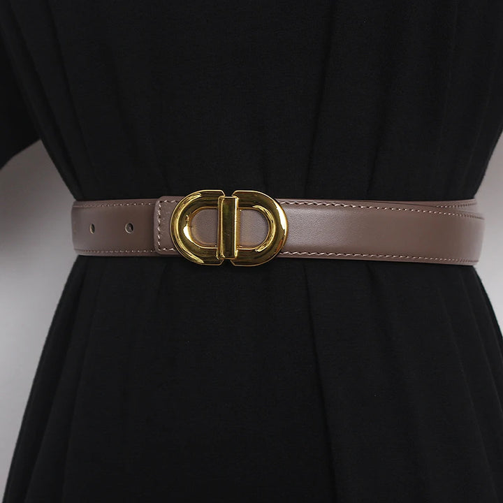 Brown narrow leather waist belt with gold-tone double D buckle and punched holes