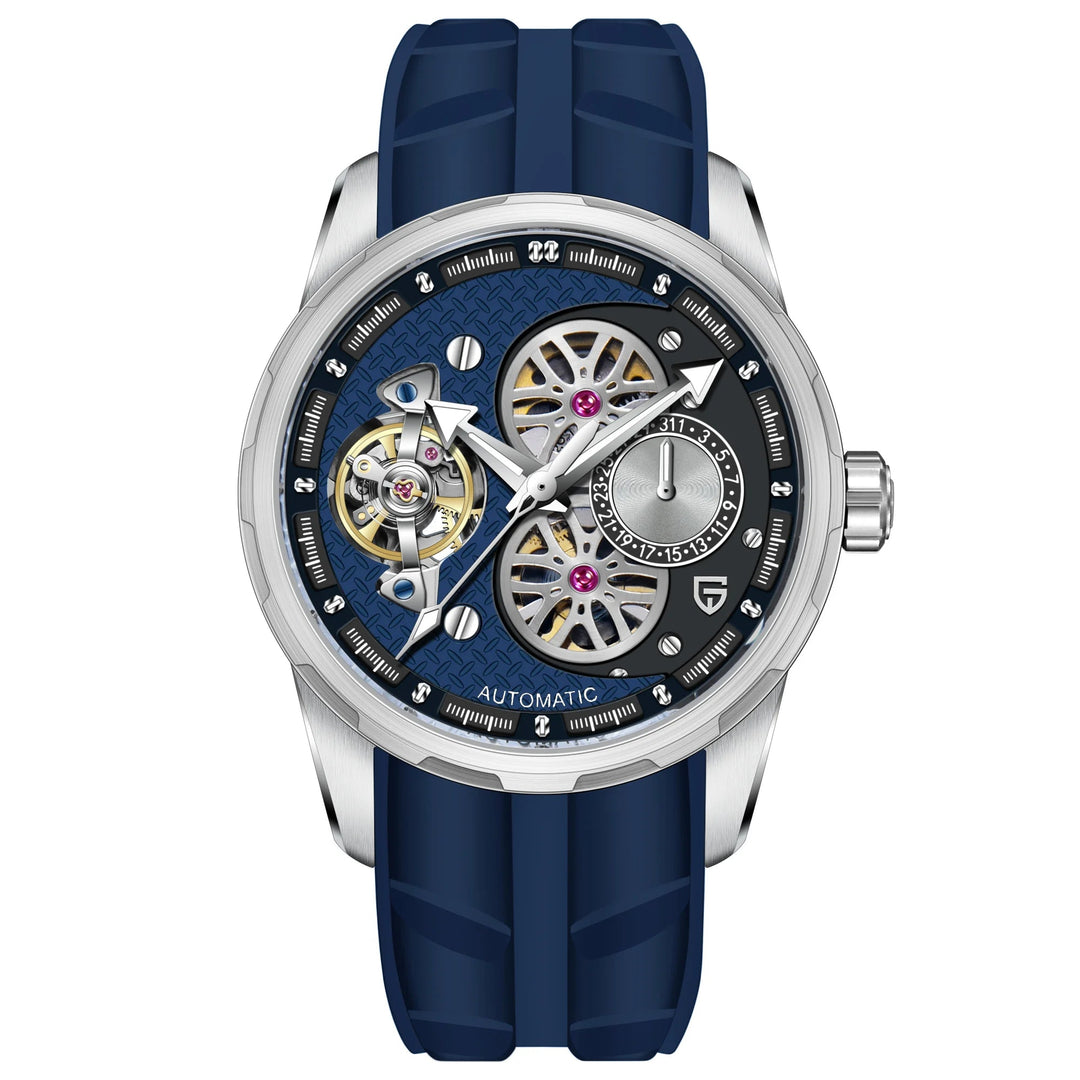 PAGANI DESIGN skeleton tourbillon automatic wristwatch with blue silicone strap and blue dial