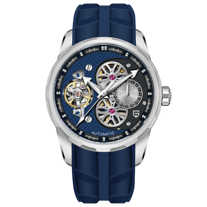 PAGANI DESIGN skeleton tourbillon automatic wristwatch with blue silicone strap and blue dial