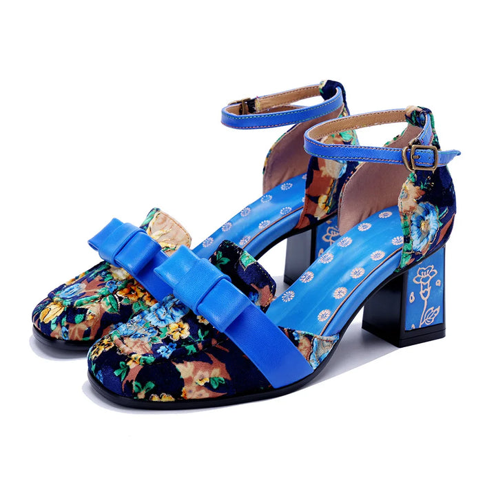 Blue floral heeled sandals with ankle buckle, wide toe strap, black block heel