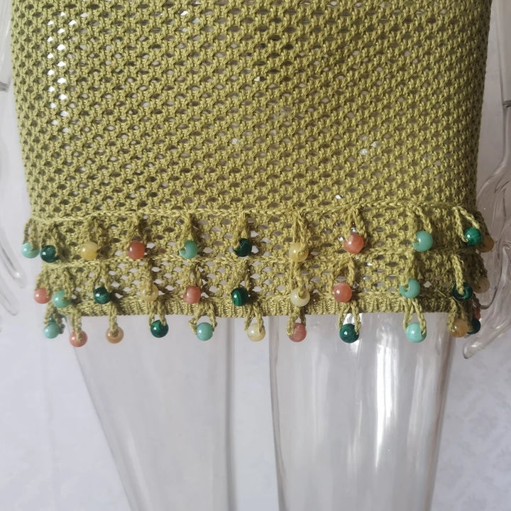 Army green crochet knit cover-up skirt with dangling multicolor beaded fringe