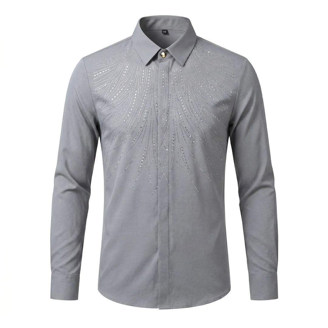 Gray rhinestone button-up shirt with spread collar and feather stud pattern on chest