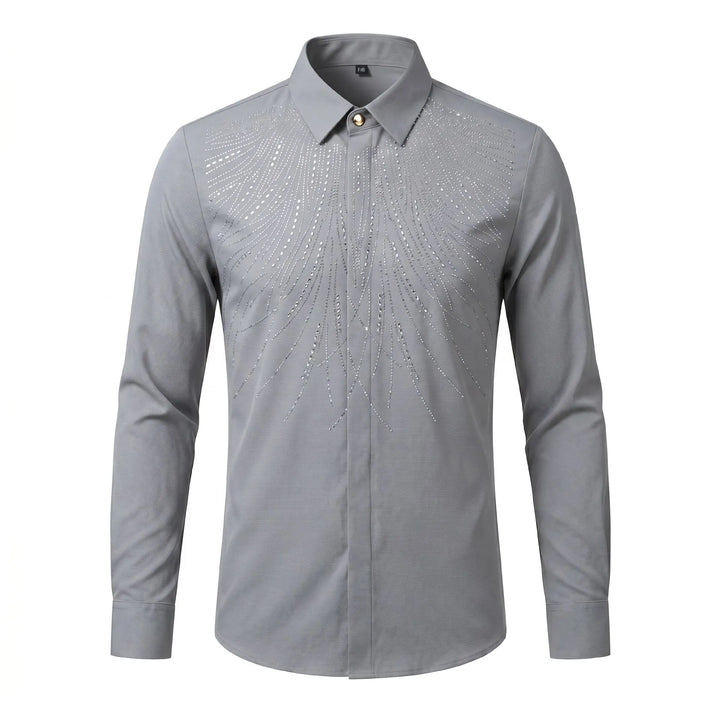 Gray rhinestone button-up shirt with spread collar and feather stud pattern on chest