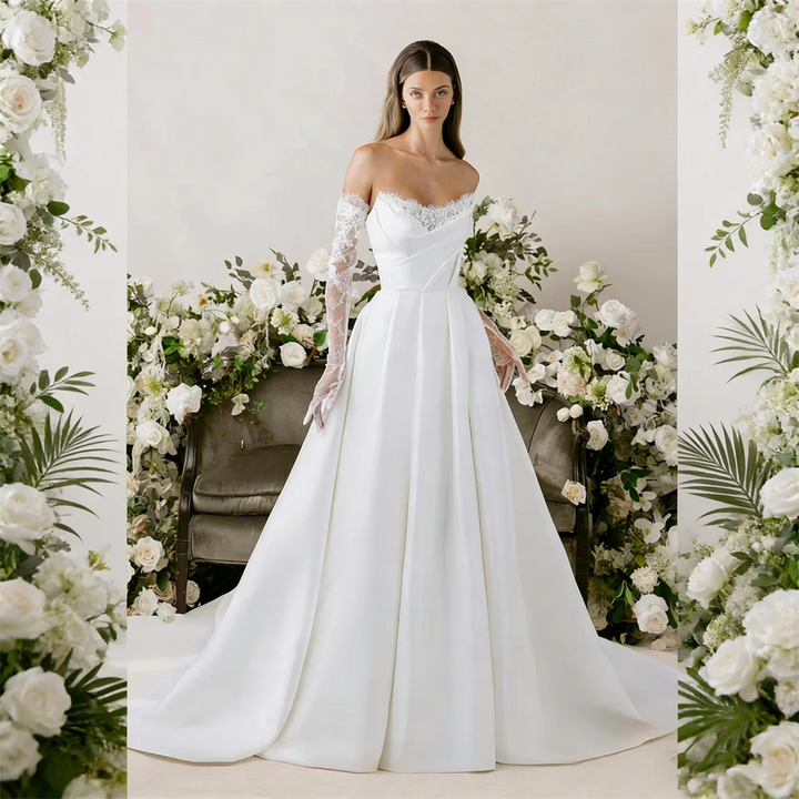 Elegant Satin Boat Neckline Bridal Gown