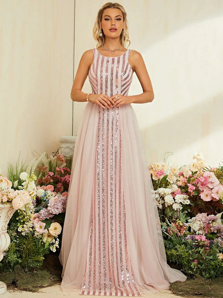 Elegant Striped Sequins Evening Dress