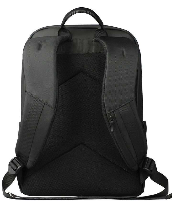 Black waterproof laptop backpack with front flap, zip pocket, and padded shoulder straps