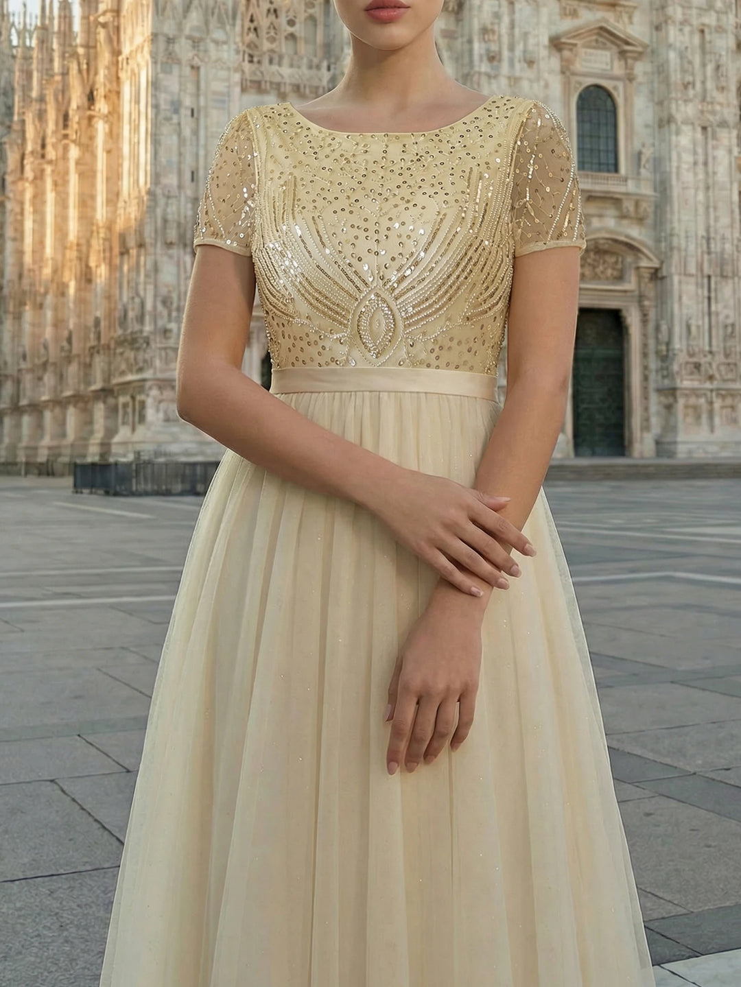 Exquisite Beaded Round Neck Prom Dress