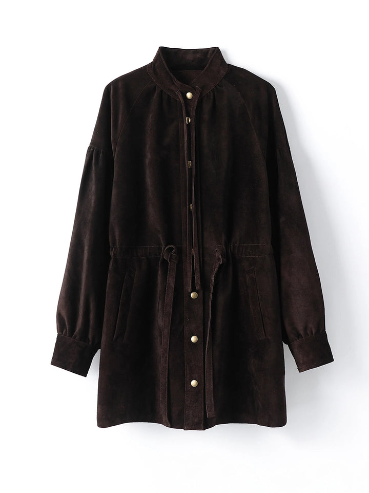 Black mid-length jacket with button front, gold buttons, and drawstring waist