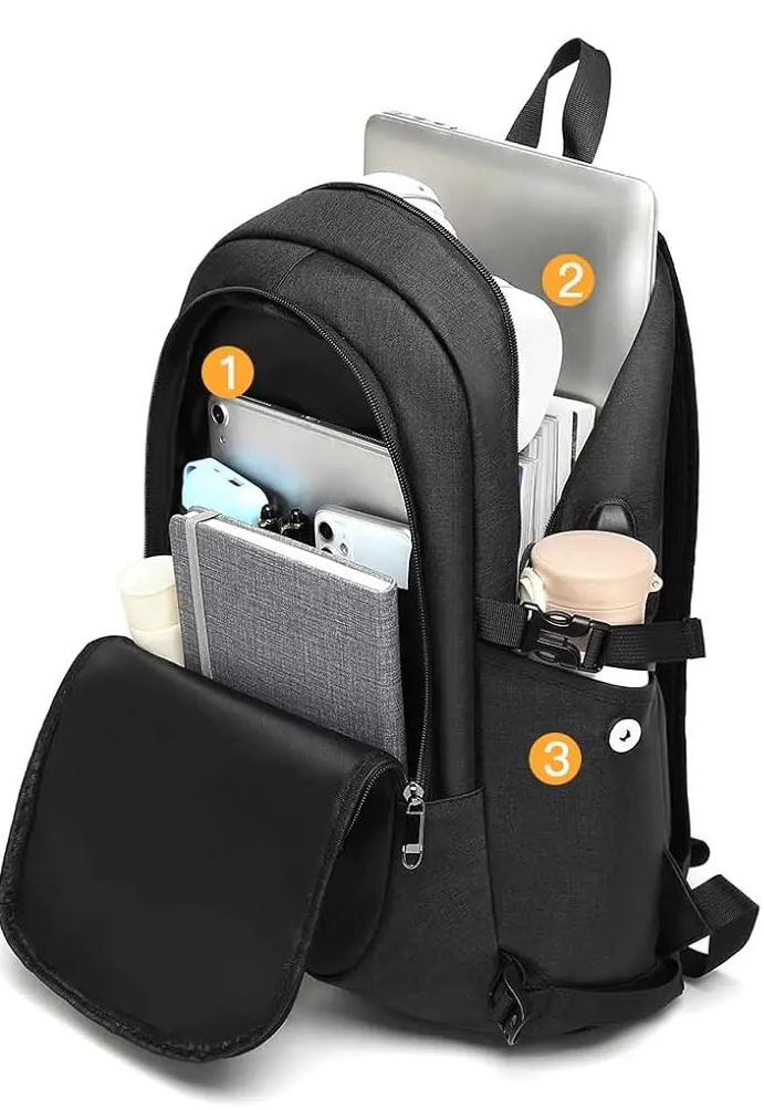 Black anti-theft laptop backpack showing front organization pockets, main compartment, and side pockets