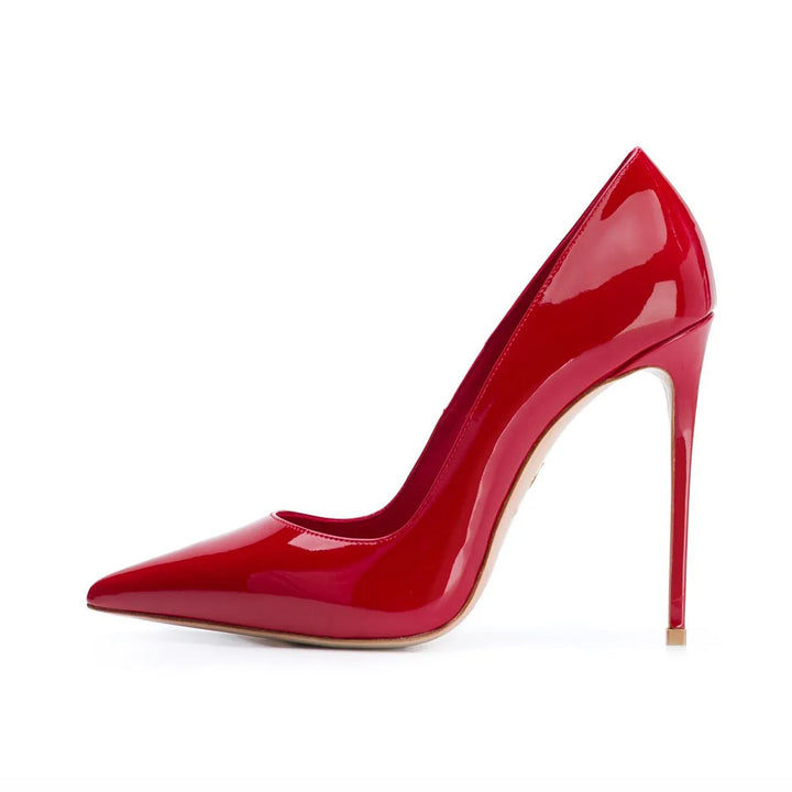 Women’s high-heel patent leather pumps, glossy red, pointed toe, stiletto heel