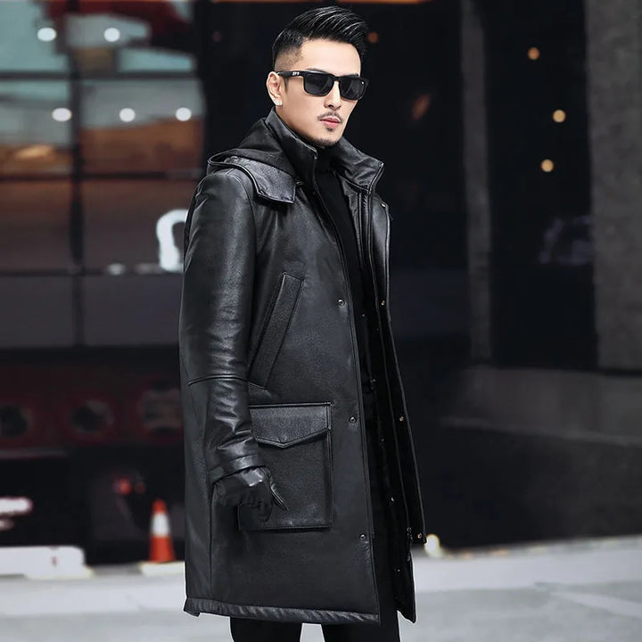 Stylish Mid-Length Leather Hooded Coat